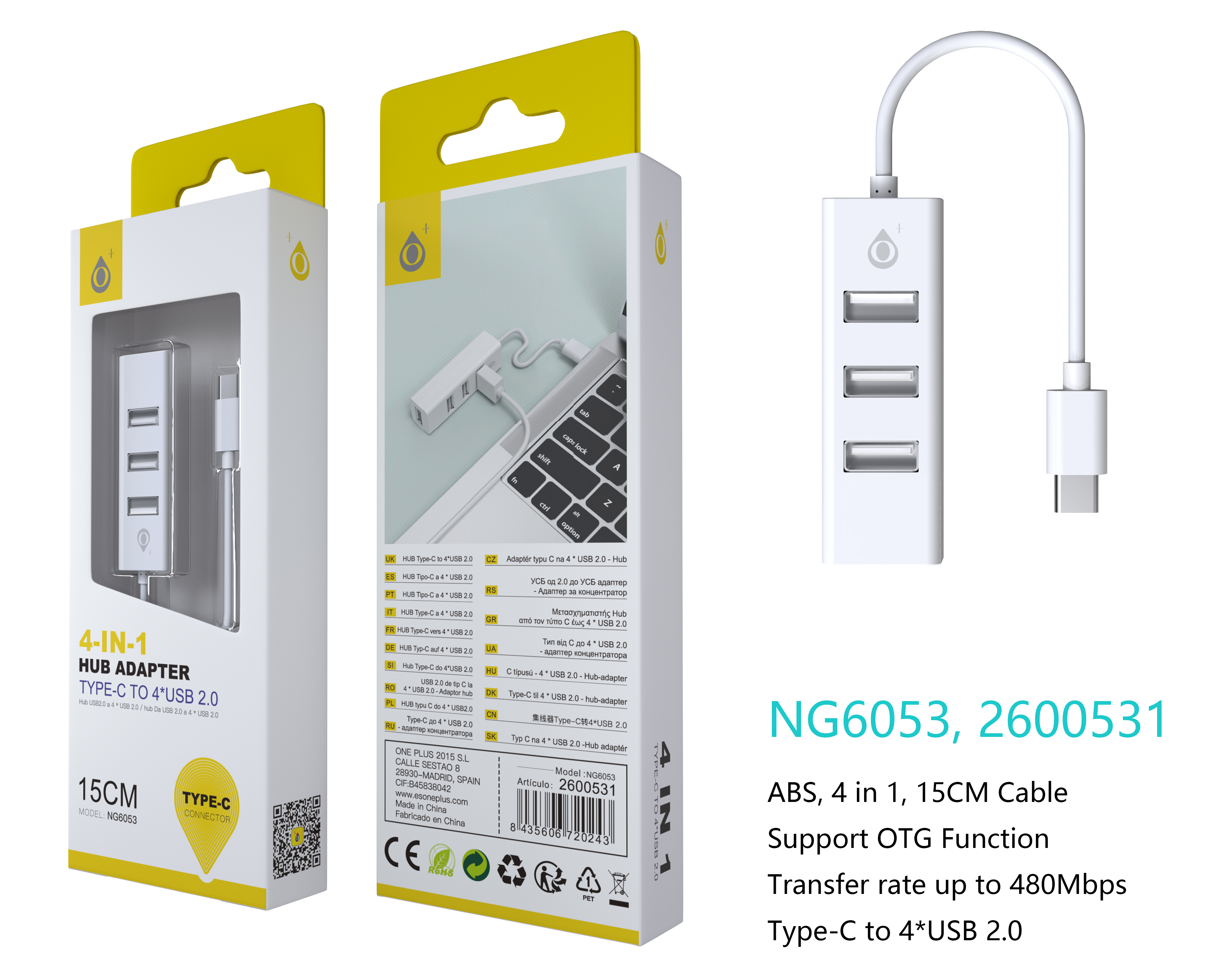 image principale pour Adaptateur Hub Type C Support OTG- 4 entrée USB 2.0-NG6053- Blanc