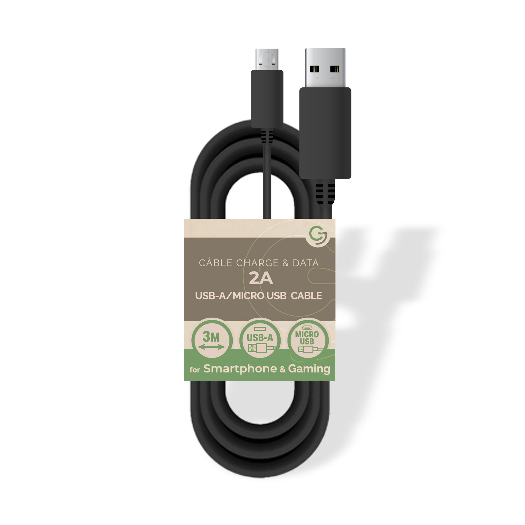 image principale pour Câble Charge et Data USB A / Micro USB 5V / 2A - 3m - SANS EMBALLAGE - Noir