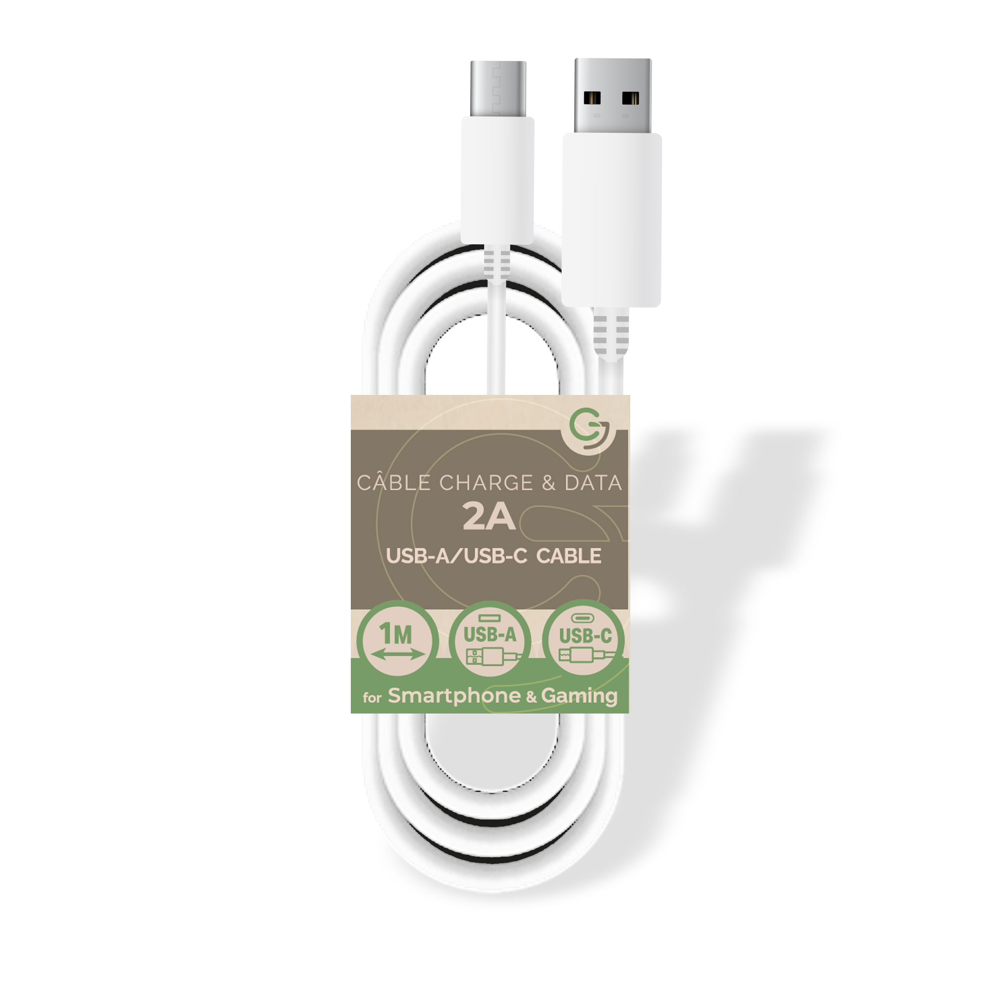 image principale pour Câble Charge et Data USB-A / Type-C 5V / 2A - 1m - SANS EMBALLAGE - Blanc