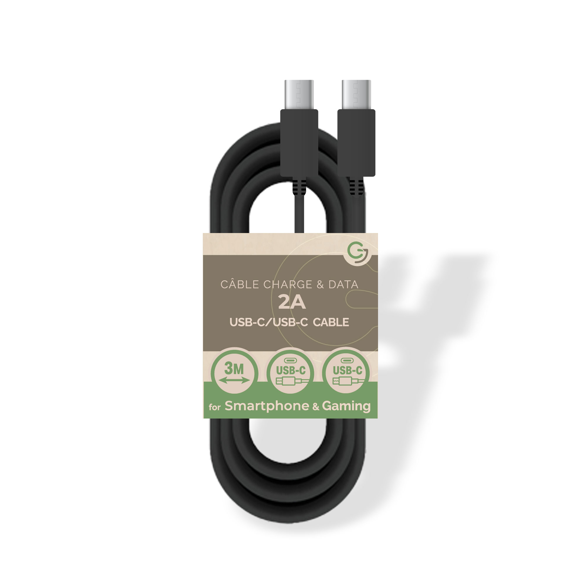 image principale pour Câble Charge et Data Type-C /  Type-C 5V / 2A - 3m - SANS EMBALLAGE - Noir