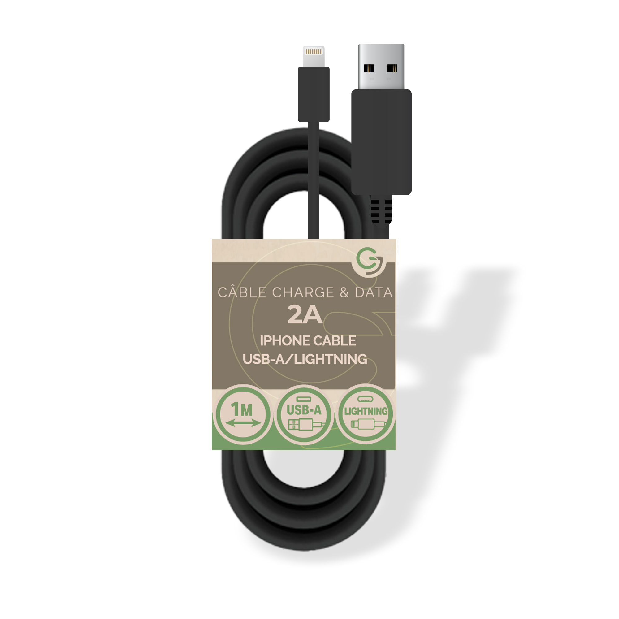 image principale pour Câble Charge et Data USB / iPhone Lightning 5V / 2A - 1m - SANS EMBALLAGE - Noir