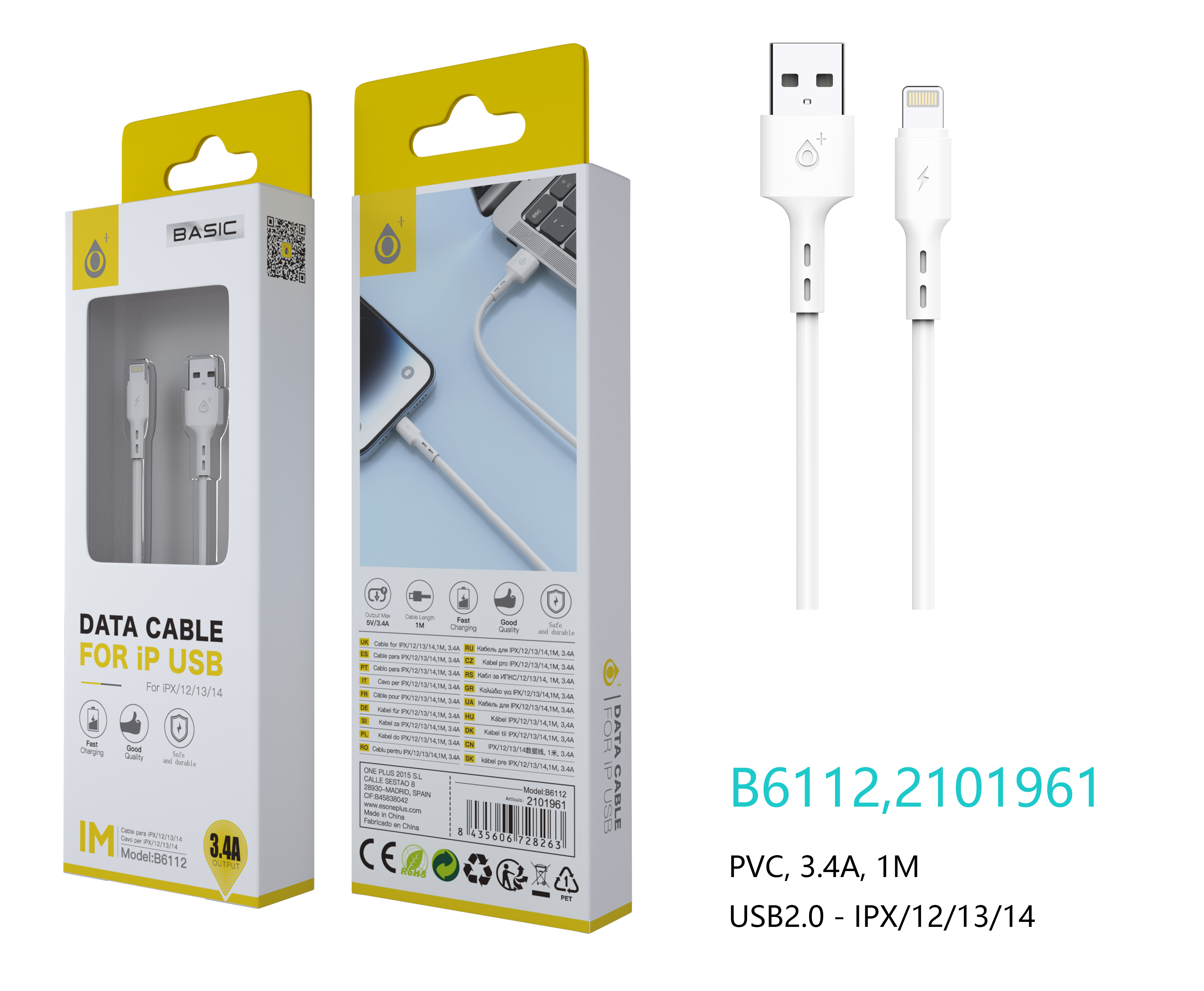 image principale pour Câble Data et charge pour IPhone - 3,4A - 1m - B6112 - Blanc