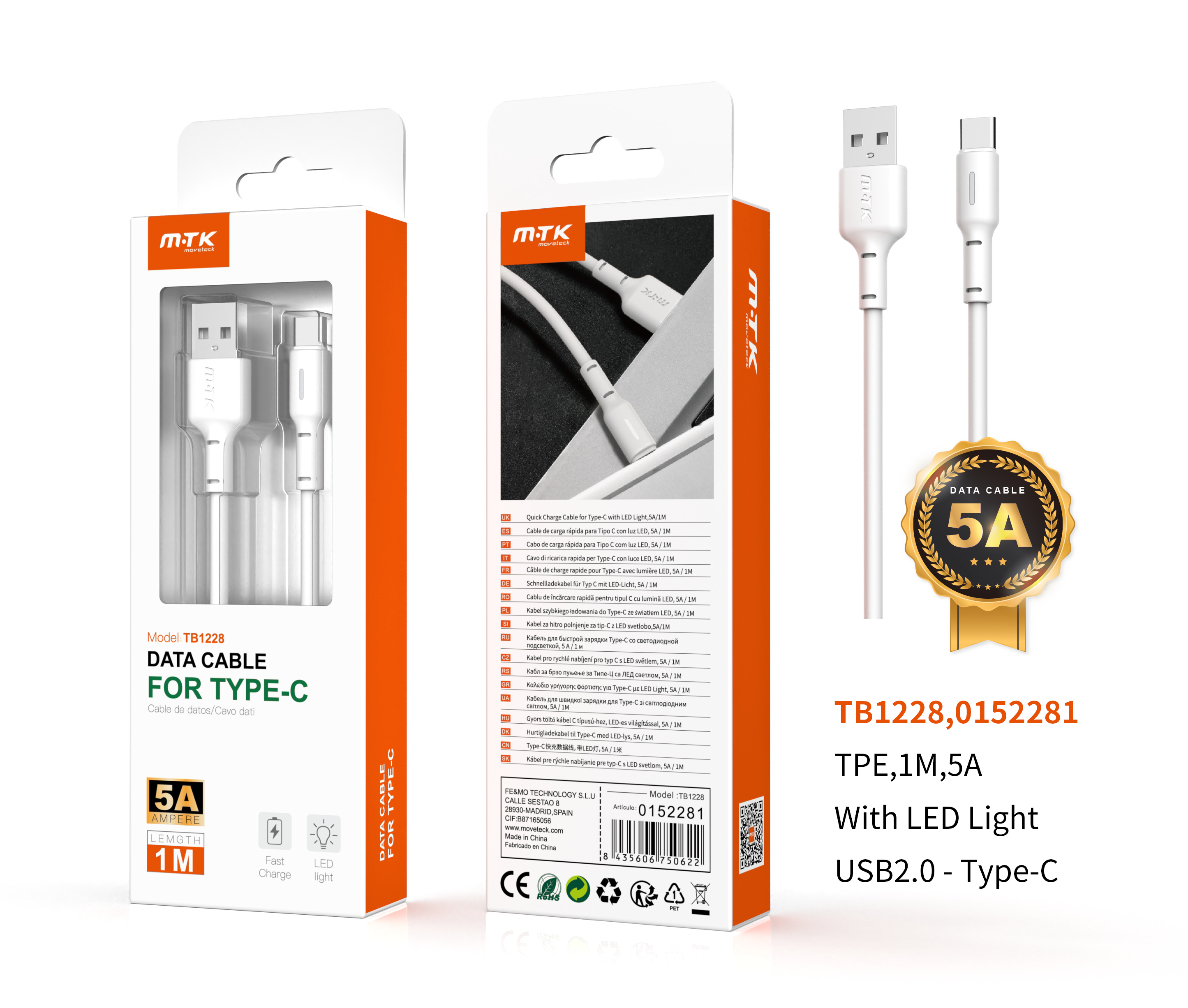 image principale pour Câble de charge Type C avec led - TB1228 5A 1m - Blanc