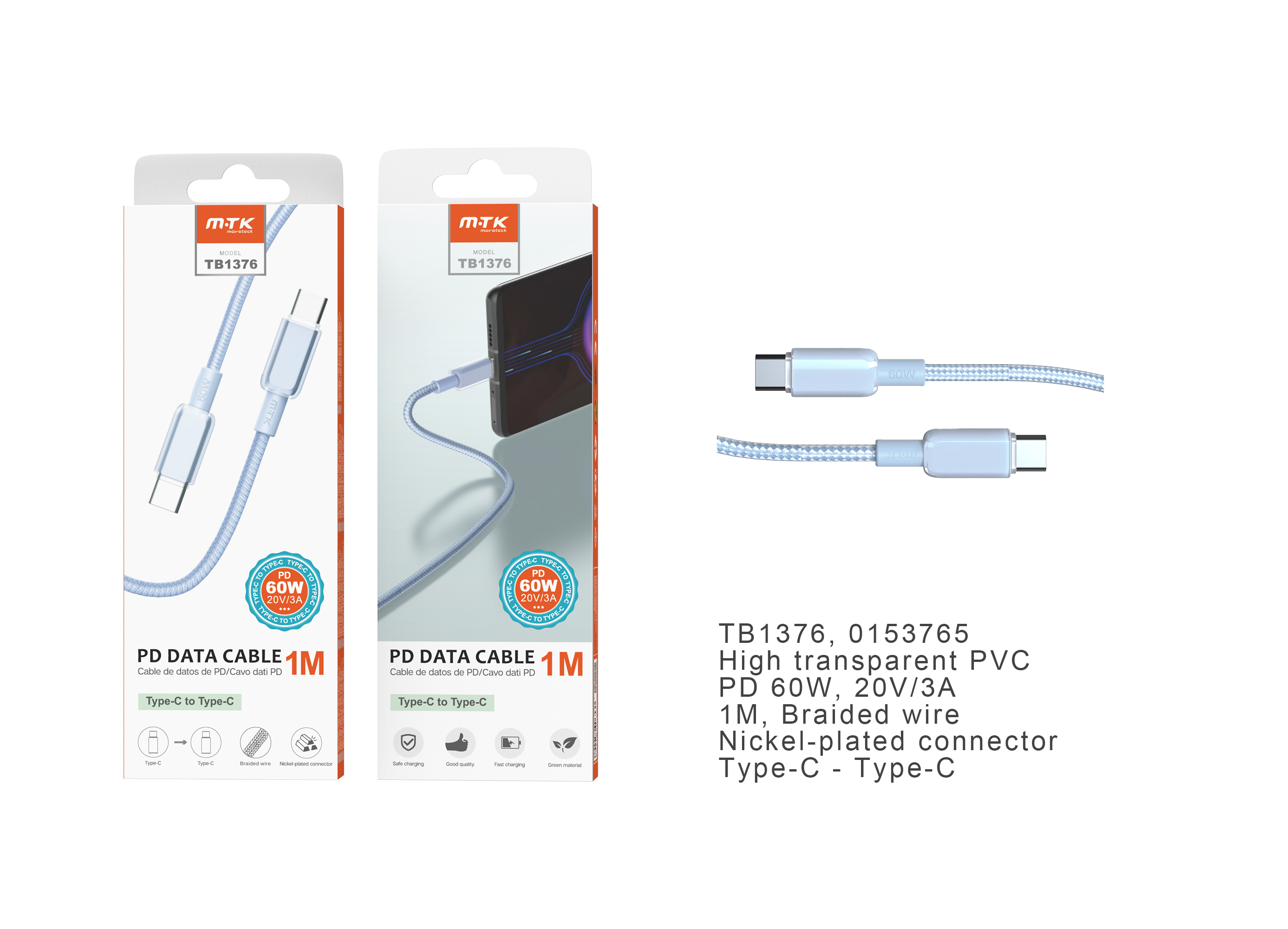 image principale pour Câble tresse Type-C vers Type-C 1m 60W 20V/3A - TB1376 - Bleu