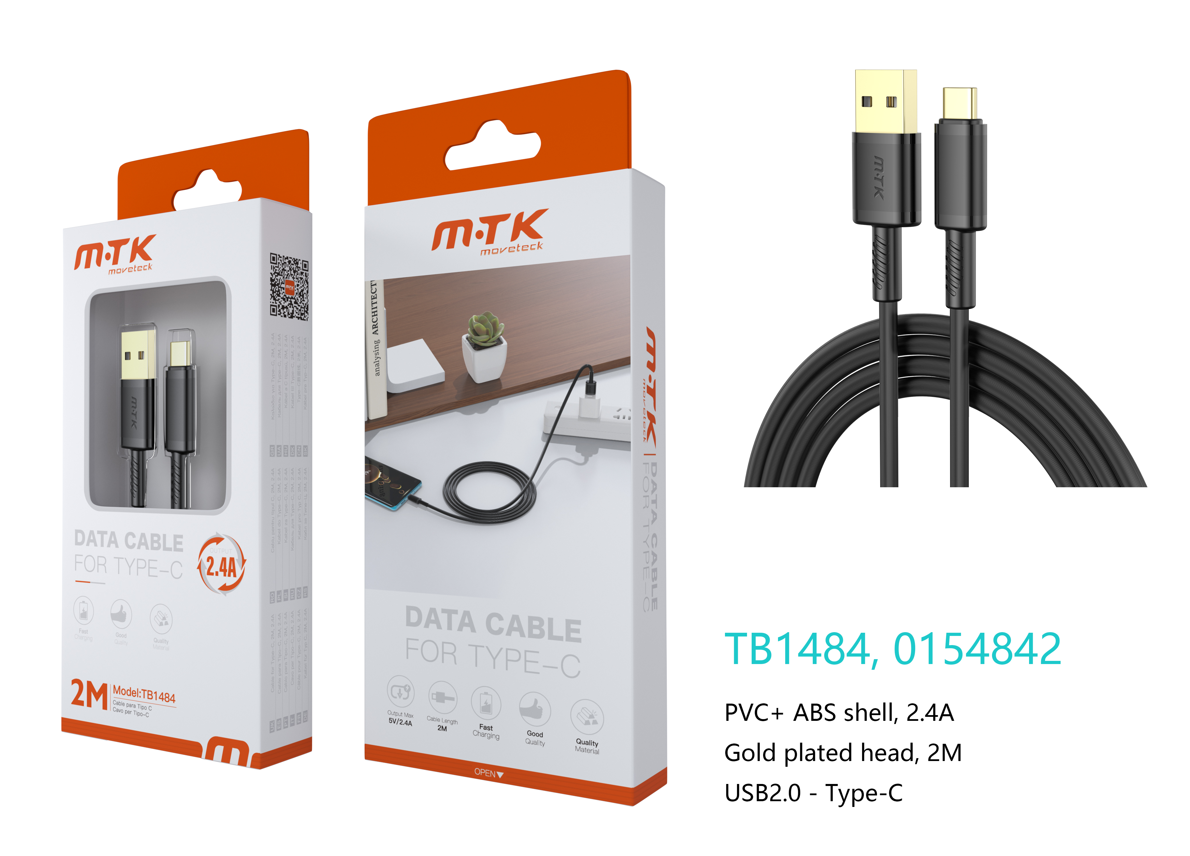 image principale pour Câble USB Type C- 2,4A- 2m noir TB1484