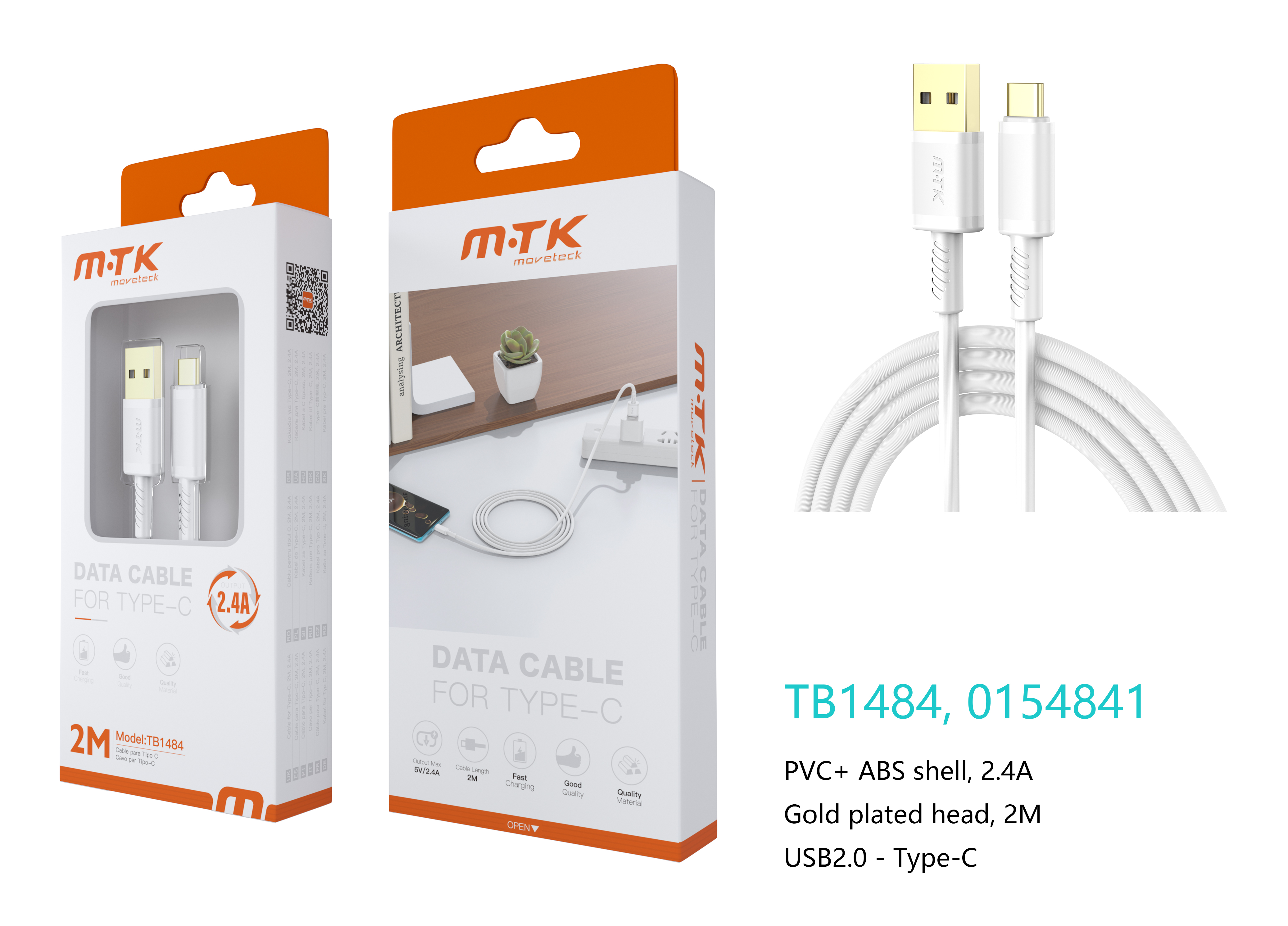 image principale pour Câble USB Type C TB1484 - 2.4A 2m - Blanc