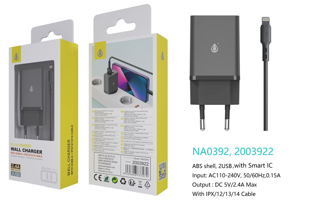 image principale pour Chargeur Avec Câble IP 5 à 14-2USB-2.4A -Noir-NA0392