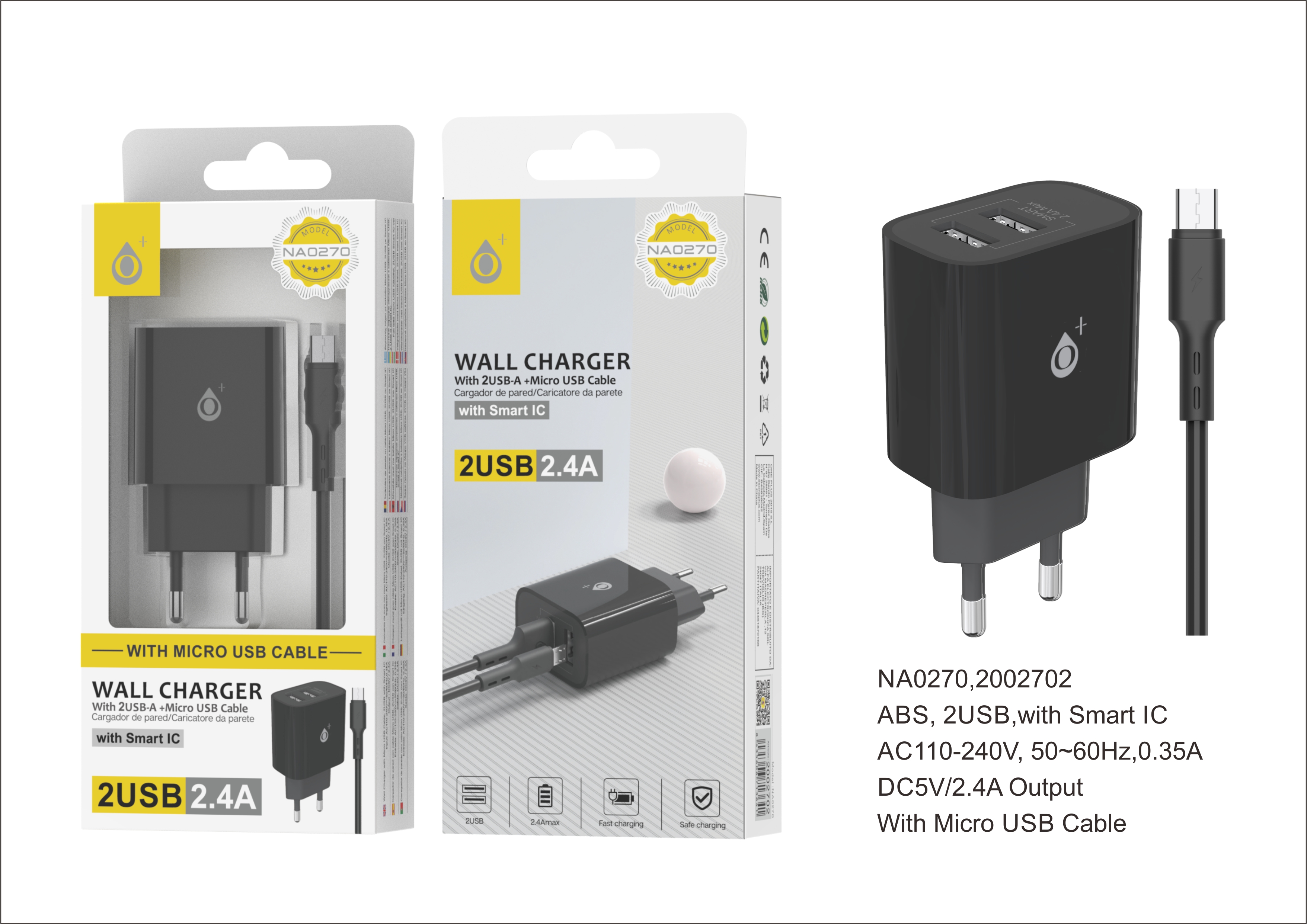 image principale pour Chargeur avec câble micro USB- Smart IC - 2,4A - 2 ports USB - Noir - NA0270