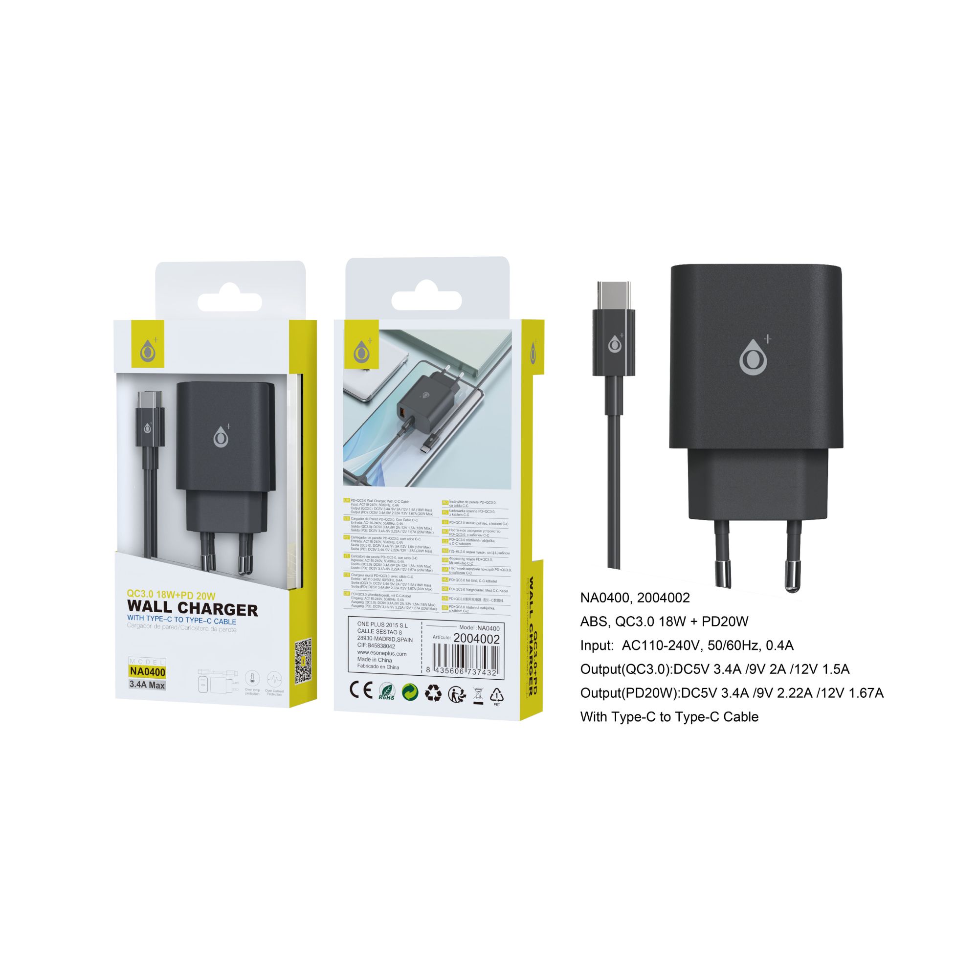 image principale pour Chargeur avec câble Type C- Type C- Port Type C (20W)- Port USB (18W)- 3.4A max- NA400- Noir