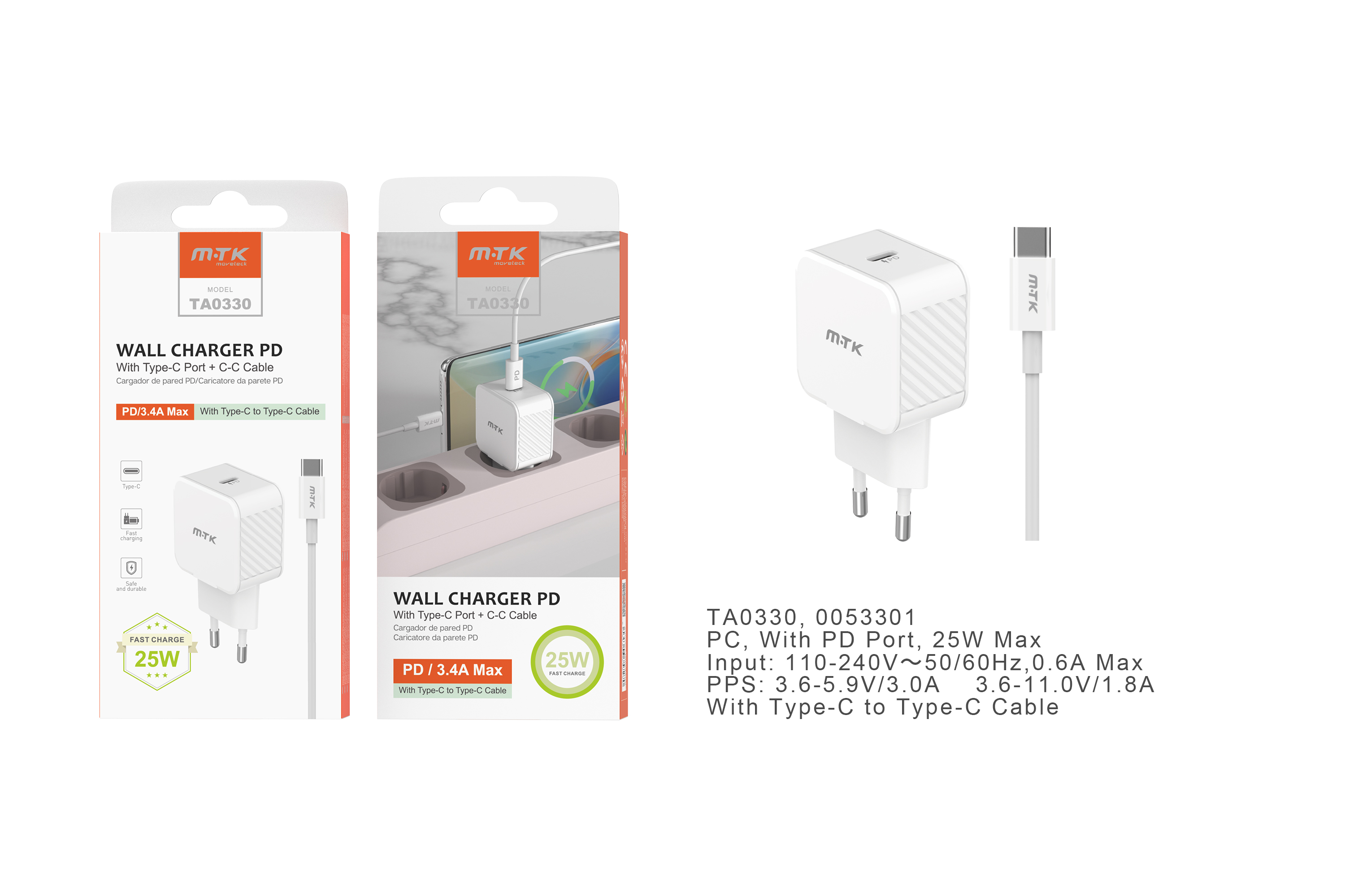 image principale pour Chargeur port Type C avec câble Type C- 25W/ 3.4A- Blanc- TA0330