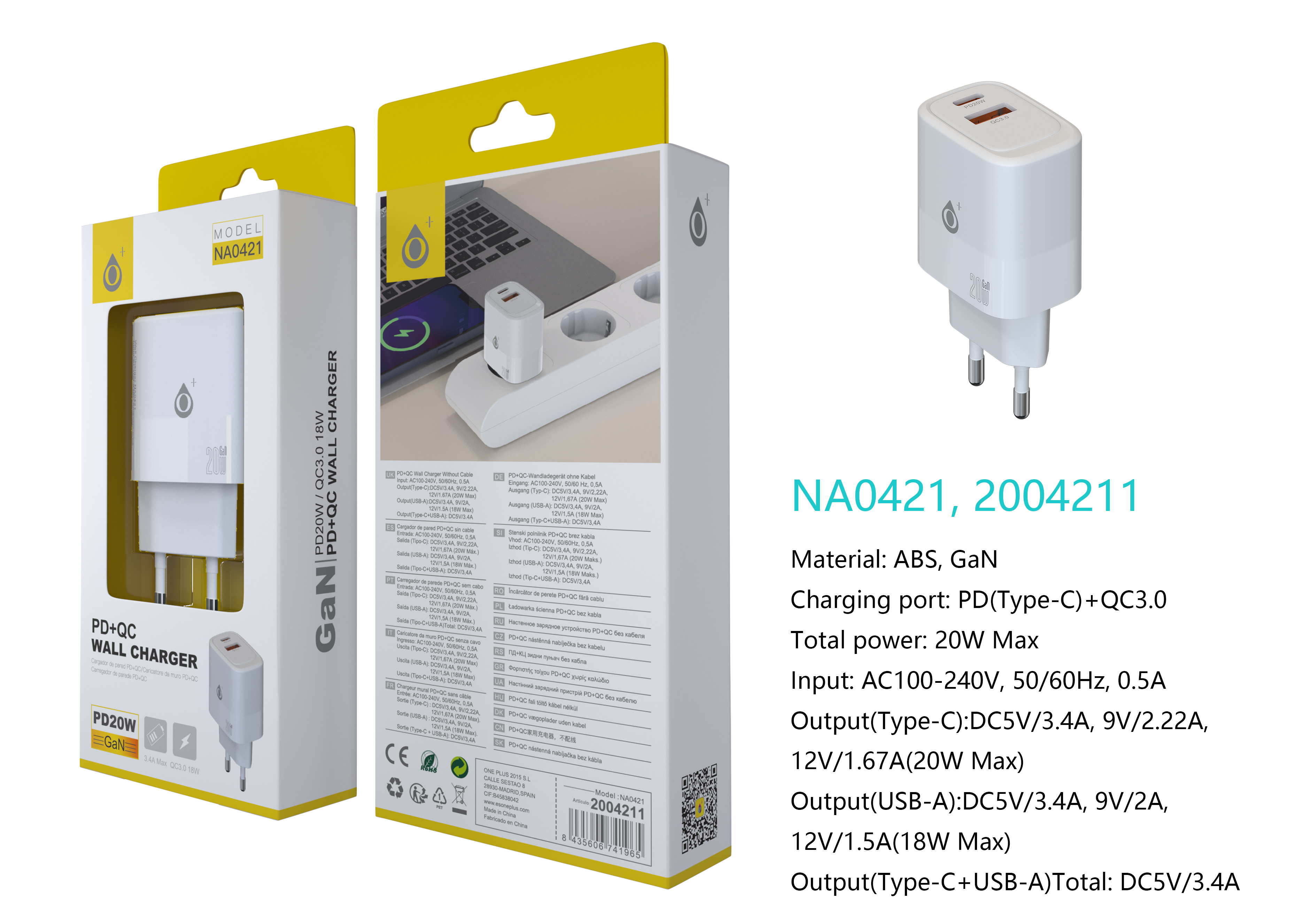 image principale pour Embout secteur 3,4A - 1 port USB(18w) et 1 port Type C(20w) - NA0421- Blanc 