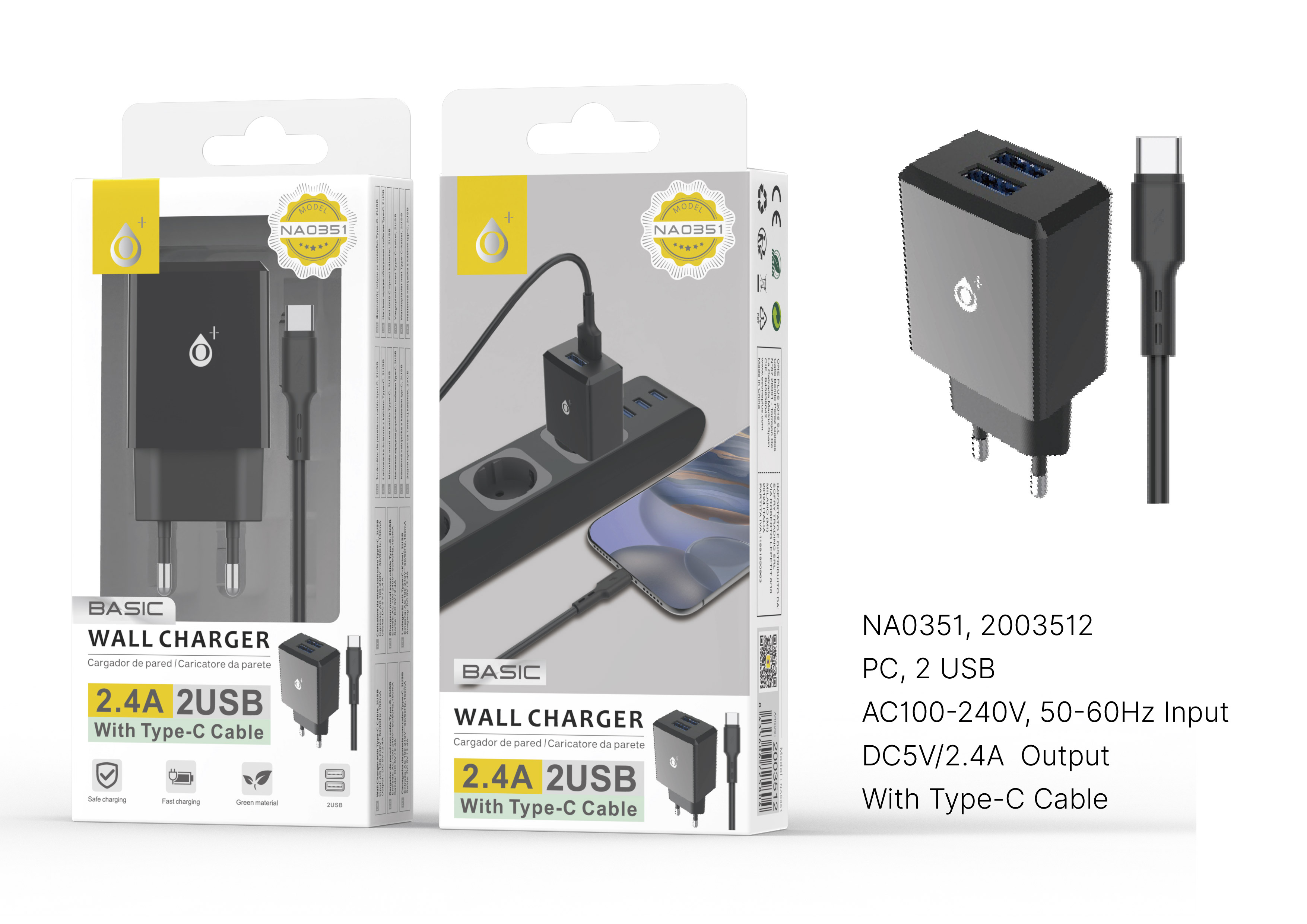 image principale pour Embout secteur avec câble Type C, 2 USB , 2.4A - NA0351 - Noir