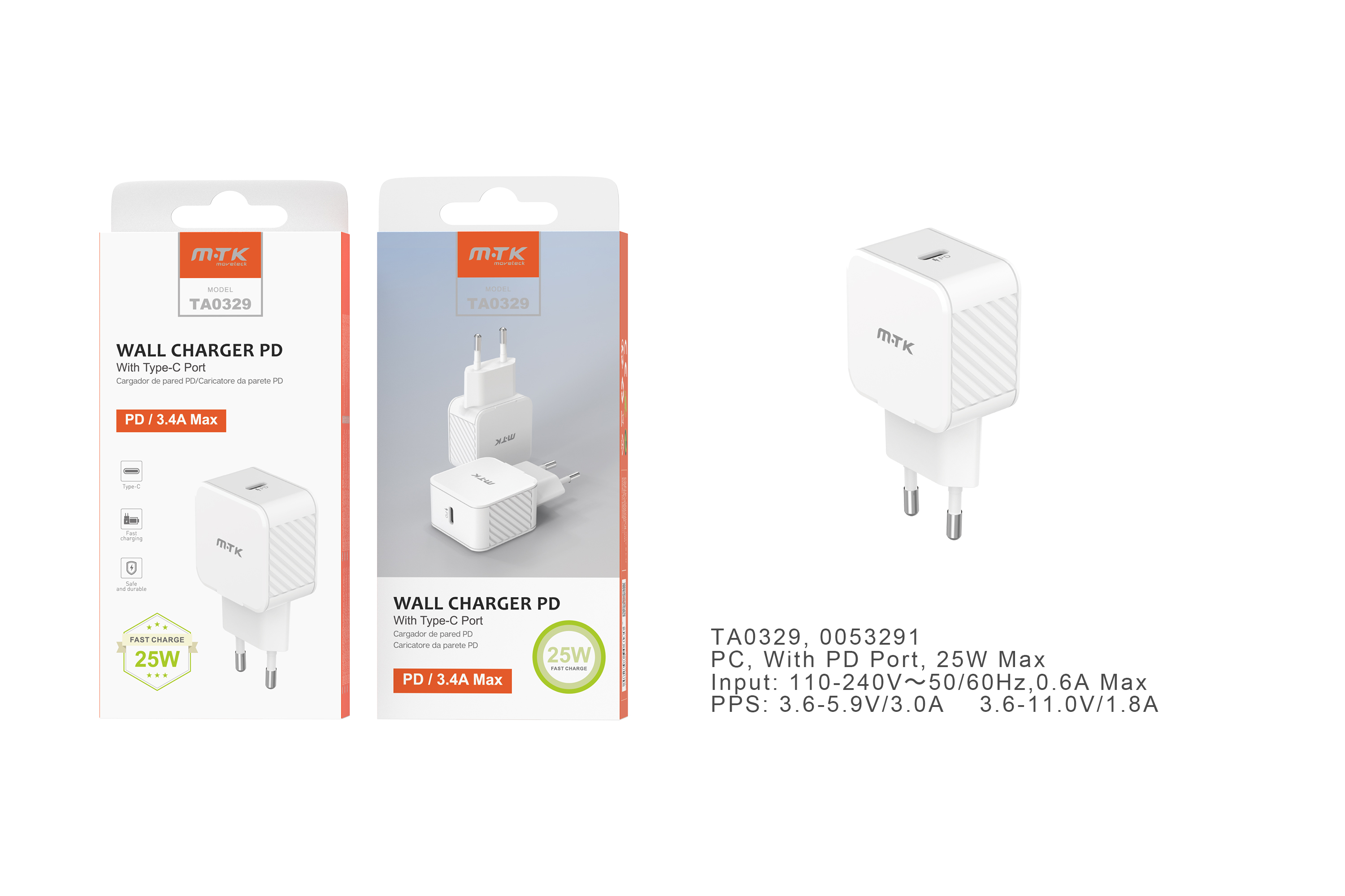 image principale pour Embout Secteur Charge Rapide Type C  - 3.4A max - 25W  -TA0329 - Blanc