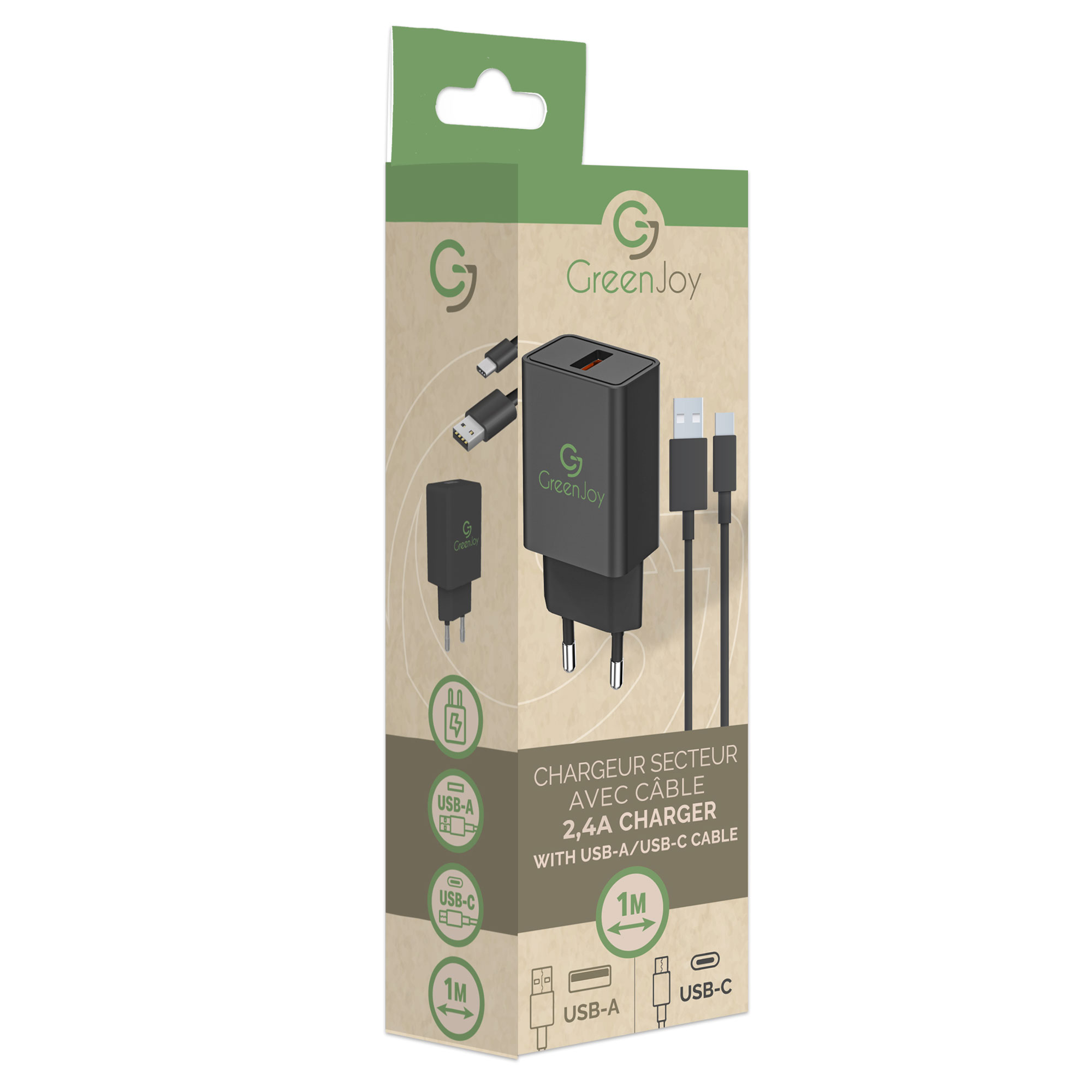 image principale pour Embout Secteur USB avec Câble Charge et Data Type-C / 2,4A - 1m - Noir