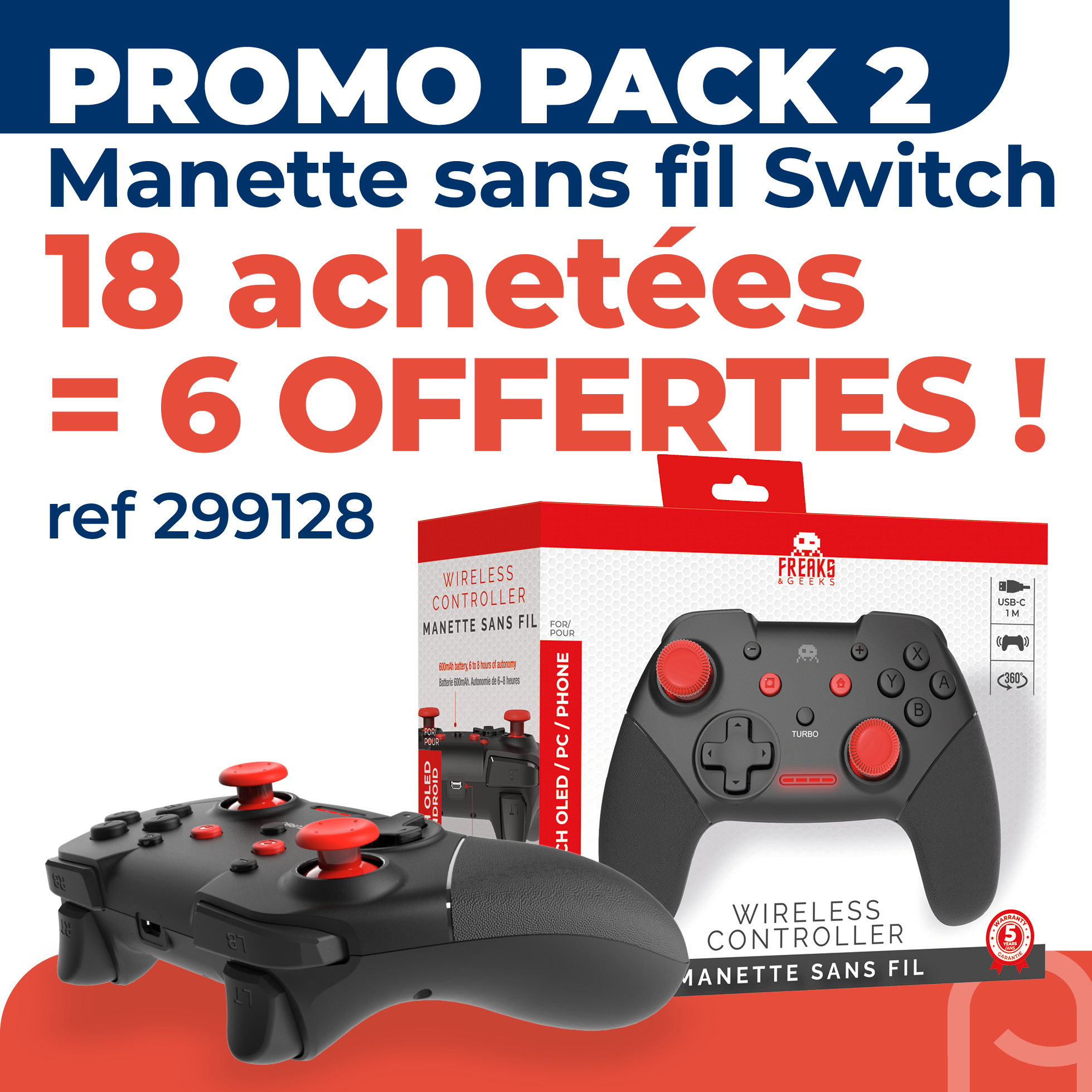 image principale pour Pack 18+6  Manettes Switch/PC Sans Fil - Noire et rouge