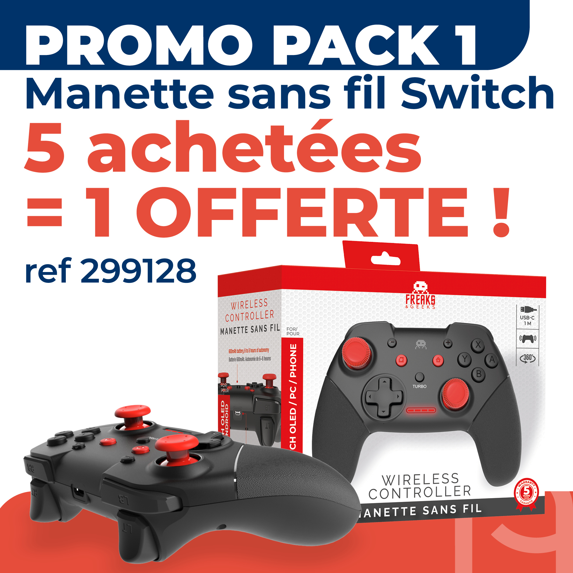  299128PACK6 : Manette Sans Fil Noire et rouge pour Switch avec Câble 1M 