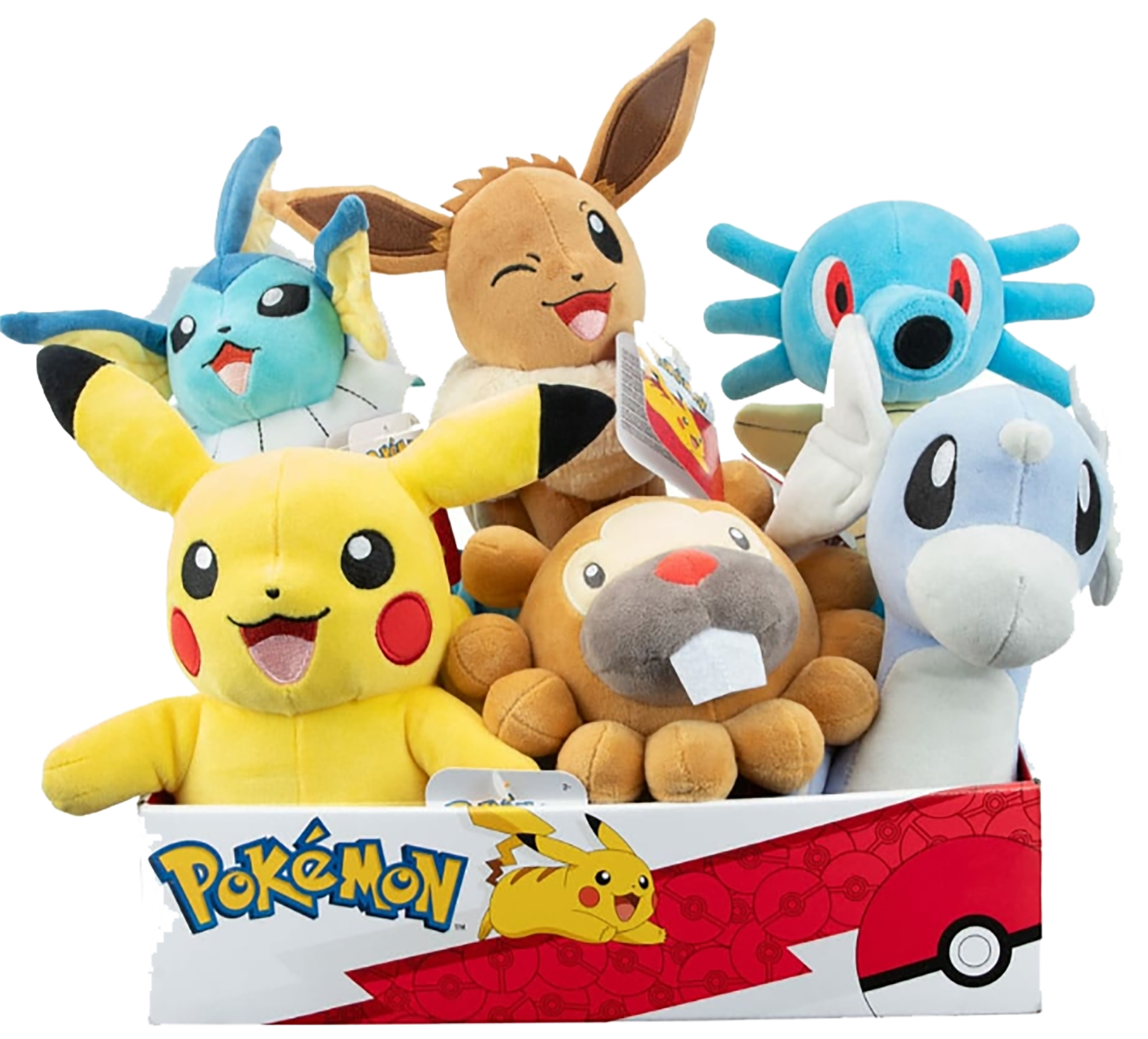 thumbnail secondaire #2 pour Pokémon - Assortiment peluches 20 cm ( Evoli, Aquali, Pikachu Femelle,  Keunotor, Hypotrempe, Minidraco)