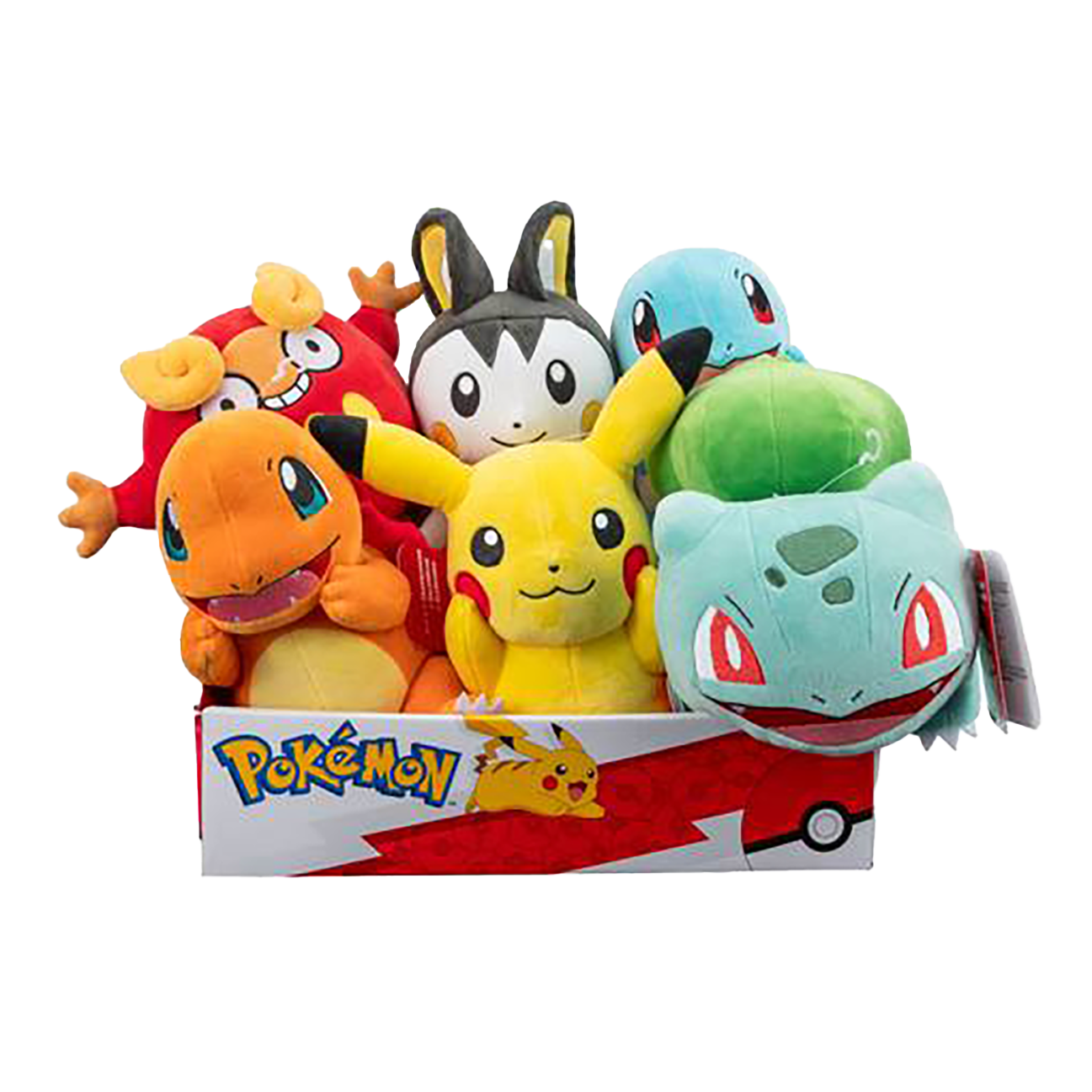 image principale pour Pokémon - Assortiment peluches 20 cm (Pikachu, Salamèche, Bulbizarre, Carapuce, Darumarond, Emolga)