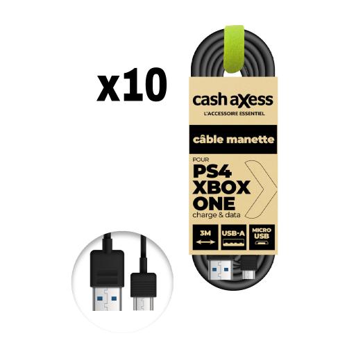 10 x Câble charge et data Manettes PS4/XBOXONE - USB-A vers MICRO USB -  3M - Cash A