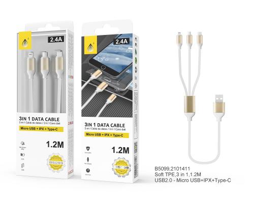 image Cable 3 en 1 Micro Usb - Iphone - Type C - 1.2M - 2,A - Blan