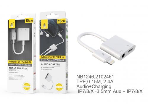image Câble adaptateur 2 en 1 - IP7/8/X - Audio 3,5mm -NB1246-15cm - Blanc