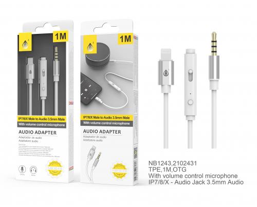 image Câble adaptateur Audio IP7/8/X... vers Jack 3,5mm avec microphone -NB1243-1m - Blanc