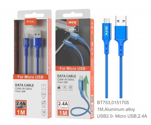 image Câble en aluminium micro USB - 1m 2A - BT753 Bleu