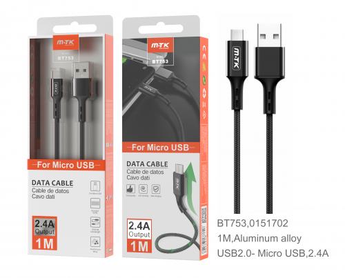 image Câble en aluminium micro USB - 1m 2A - BT753 Noir