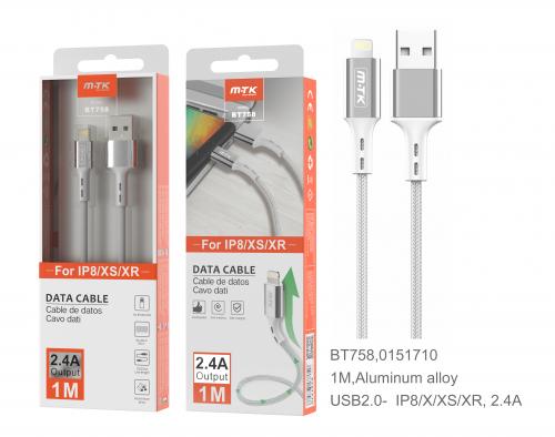 image Câble en aluminium pour IPhone - 1m 2A - BT758 Argenté