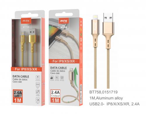 image Câble en Aluminium pour IPhone 8/X/XS/XR - 1m - 2,4A - BT758 - Or