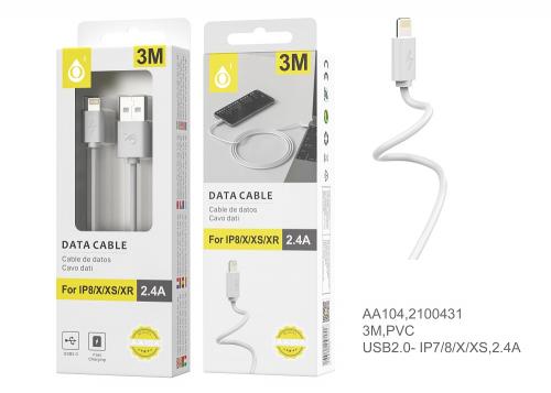 image Câble pour Iphone 7/8/X/XS - 2,4A - 3M - AA104 - Blanc