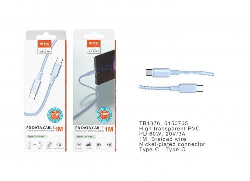 Câble tresse Type-C vers Type-C 1m 60W 20V/3A - TB1376 - Bleu