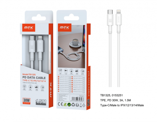 image principale pour Câble type-C vers lightning- 30W/3A- 1,5m- Iphone X a 14- Blanc-TB1325