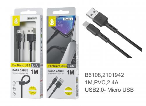 image Câble USB charge et transfert de données Micro USB - 2.4A - 1M- B6108- Noir