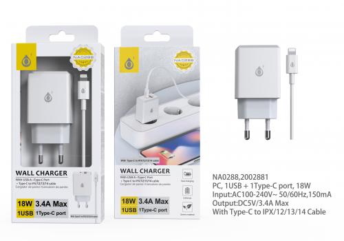 image Chargeur 2 port (1 USB et 1 Type C)- 18w/ 3.4A avec câble type C vers lightning- NA0