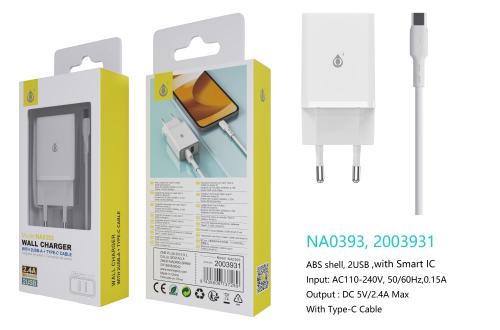 Chargeur avec câble Type C, 2 USB , 2.4A - NA0393 - Blanc