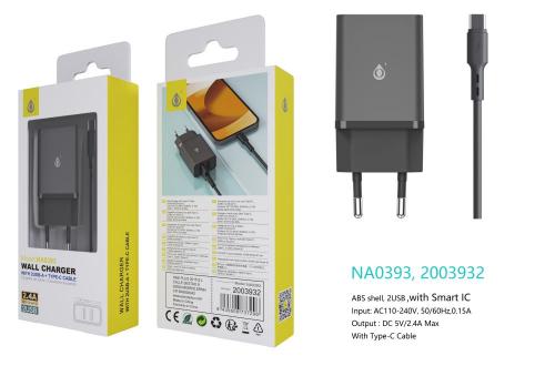 Chargeur avec câble Type C, 2 USB , 2.4A - NA0393 - Noir