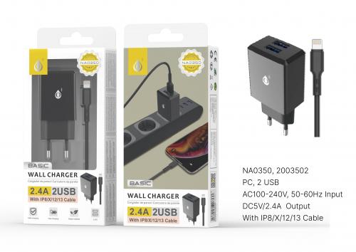 Chargeur Dual USB 2 ports Noir 2,4A + Câble IPHONE 5-13 NA0350