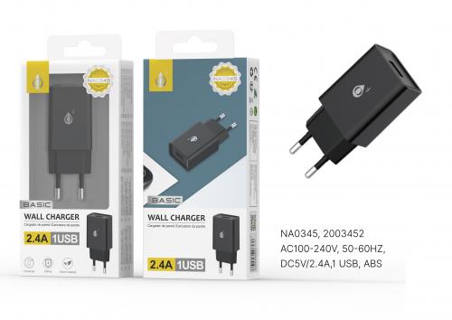 image Chargeur Embout Secteur Sans Cable-2,4A-1 USB-Noir-NA0345 S.