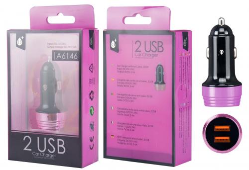 image Chargeur voiture USB 2 ports Noir et Rose A6146