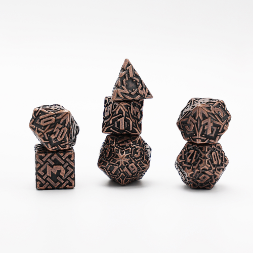 image Dés Métal - Lot de 7 dés (16mm) - Interlace Bronze (+ Boîte de rangement acryliqu
