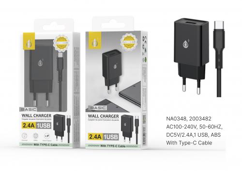 image Embout Secteur Avec Câble Type C-1m-2,4A-1 USB-Noir-NA0348 