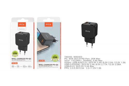 image Embout secteur charge rapide- 1 port USB et 1 Type C- 25W- 3,4A - TA0332 - Noir 