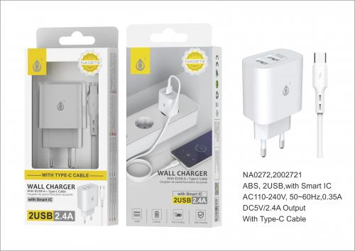 image Embout Secteur Type C 2USB-A + Câble  Type C pour smartphone - Blanc - NA0272 