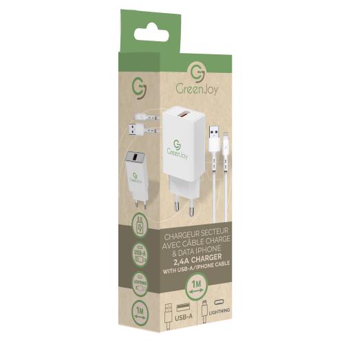 Embout Secteur USB avec Câble Charge et Data Iphone / 2,4A - 1m - Blanc