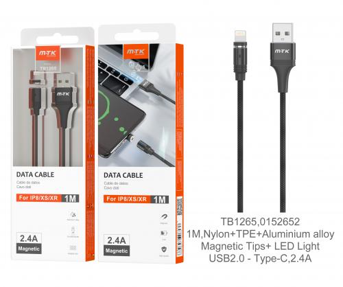 image Câble Magnétique Alu pour iPhone 8/X/12- 1USB - 2.4A - LED-Noir - TB1265