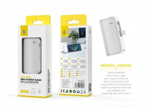 Mini Power bank- Entrée Type C- Sortie Type C et iPhone- 6000mAh- ND2054- Blanc