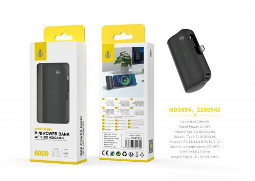 image principale pour Mini Power bank- Entrée Type C- Sortie Type C et iPhone- 6000mAh- ND2054- Noir