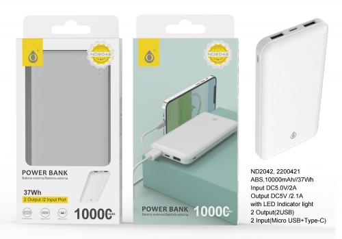 image Power Bank 10000mAh -2 USB-sortie MicroUSB et Type C-Blanc-ND2042