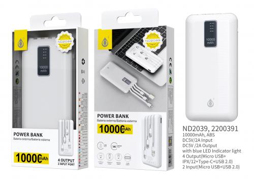 image Power bank 10000mAh - Micro USB+ IP+ Type-C+ USB+ Led -  ND2039 - Blanc